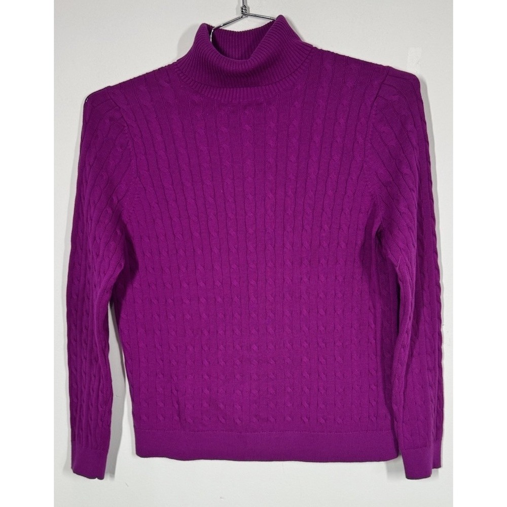 Lands End Fuchia Cotton Cable Knit Turtleneck Sweater Womens PM Classic Preppy